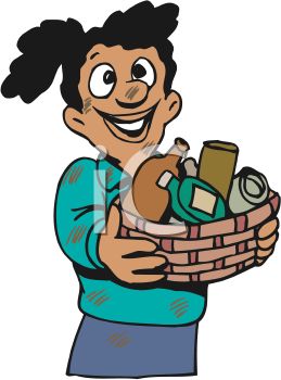 Girl Giving a Basket of Household Items to Charity.