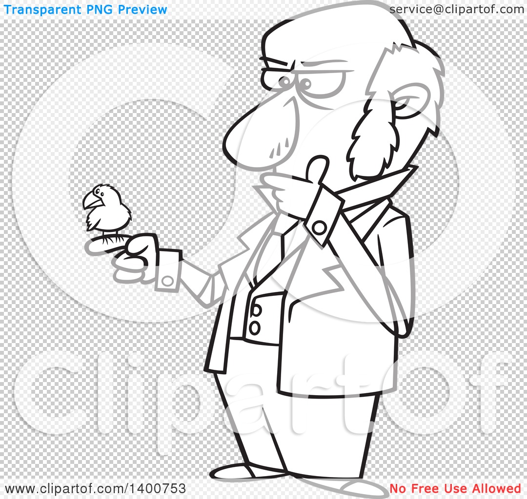 Clipart of a Cartoon Black and White Man, Charles Darwin, Holding.