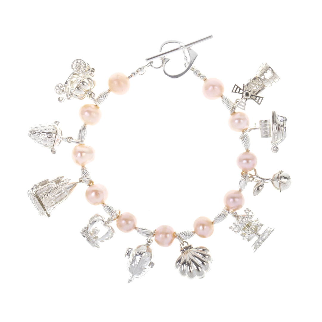 Charm Bracelet Pearl / Pink with Ten Magical Charms.