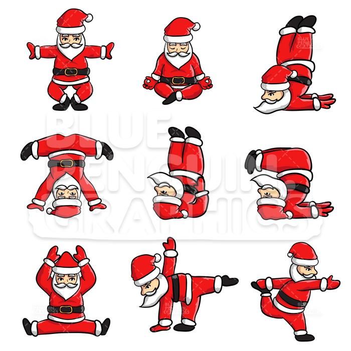 Santa Yoga Christmas Bundle Set Vector Cartoon Clipart.