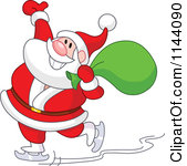 Cartoon of Santa Cheerfully Skipping with a Sack.