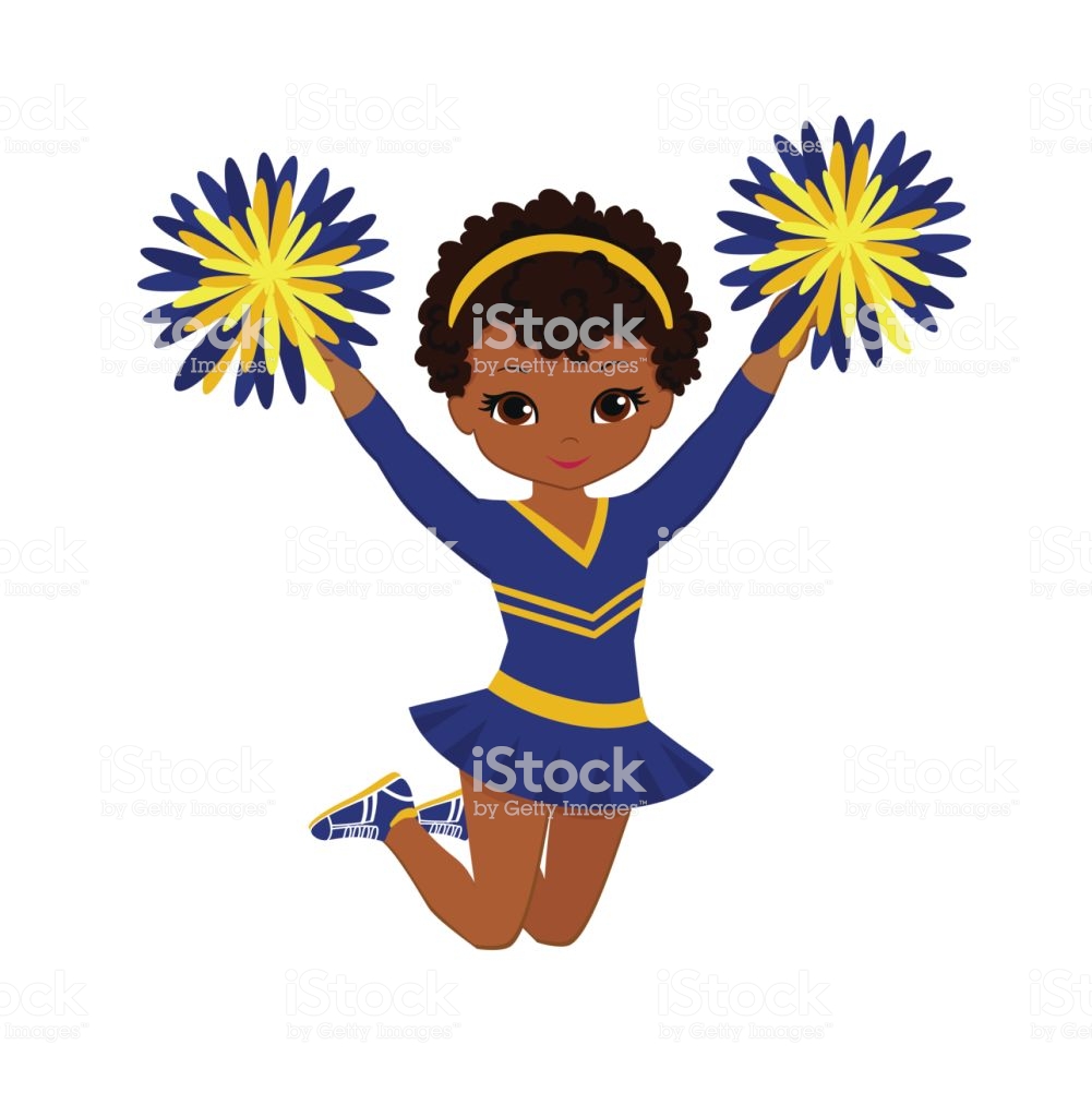 Cheerleader In Blue And Yellow Uniform With Pom Poms Stock.