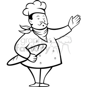 chef holding a baguette black white clipart . Royalty.