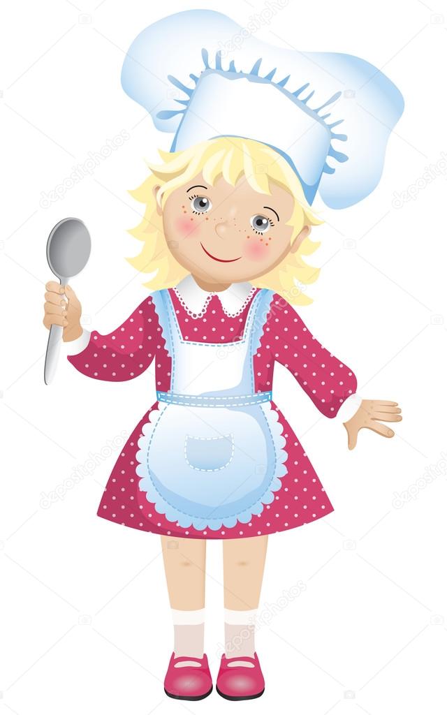 Vector illustration of a cute blond girl in a chef's hat and apron.
