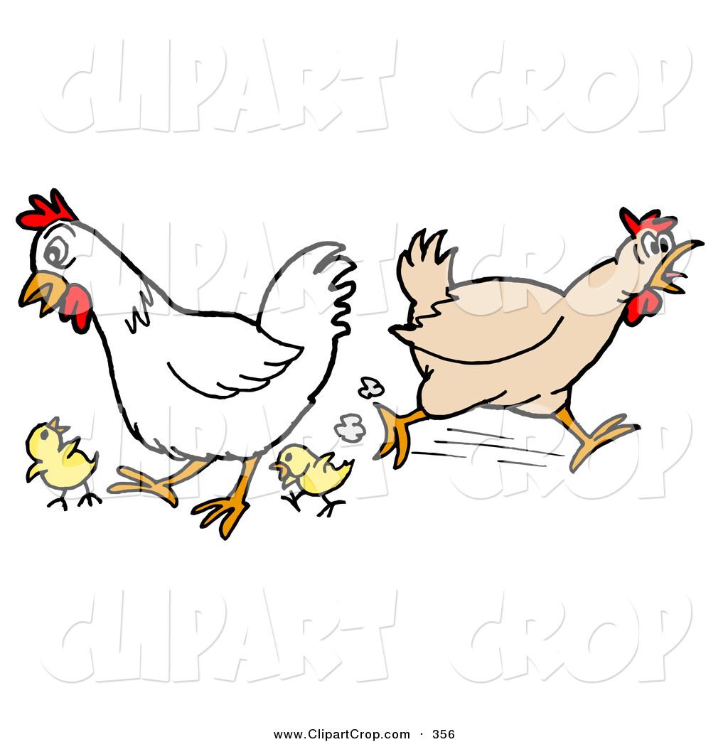 Clip Art Vector of a Rooster and Chicken Running Around with Two.