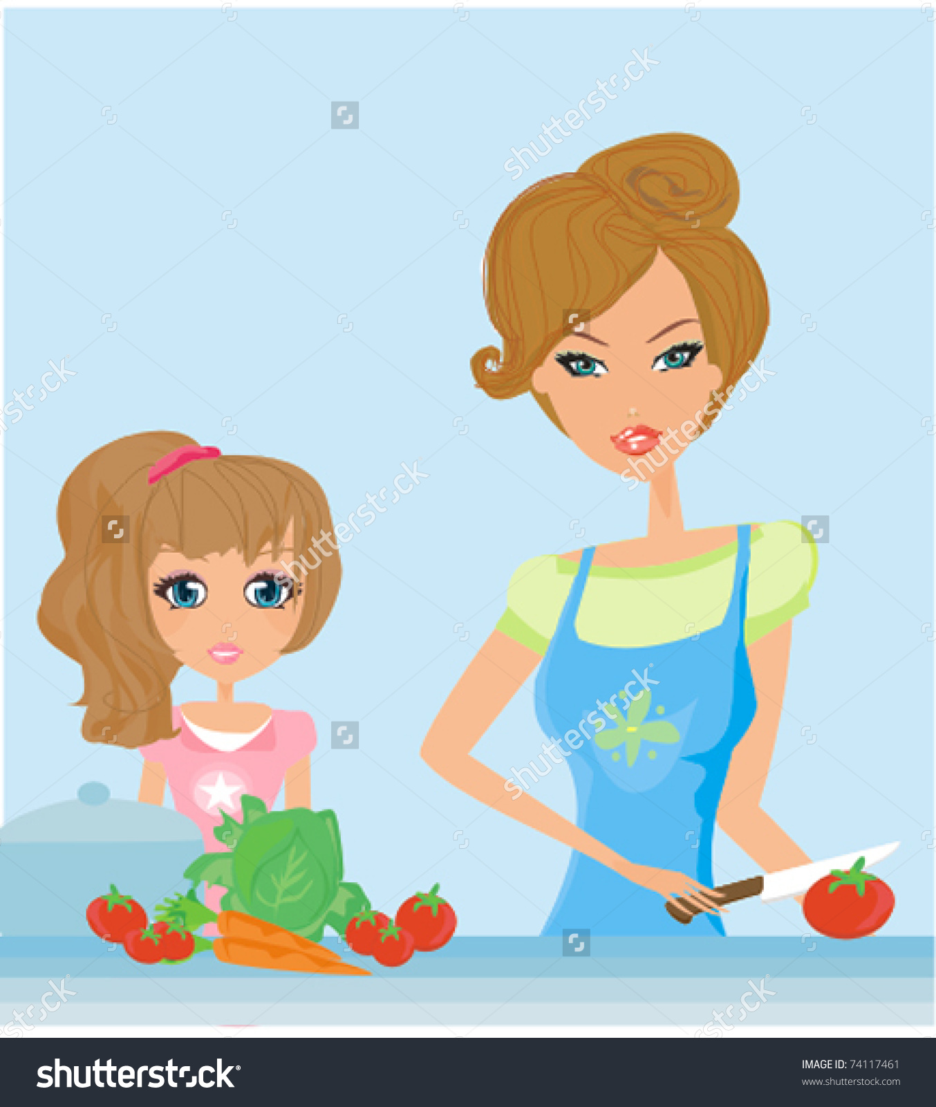 Happy Mother Helping Her Daughter Cooking Stock Vector 74117461.