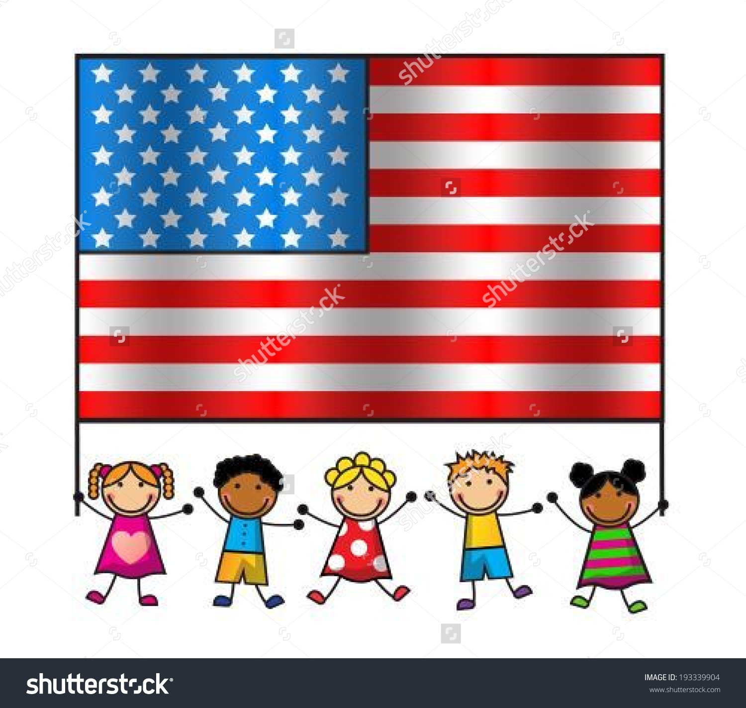Cartoon Children Different Races Holding American Stock Vector.