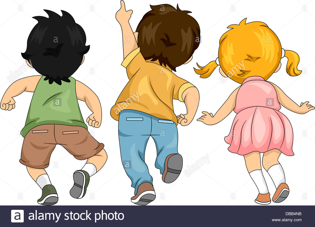Back View Illustration of Little Male and Female Kids Looking Up and.