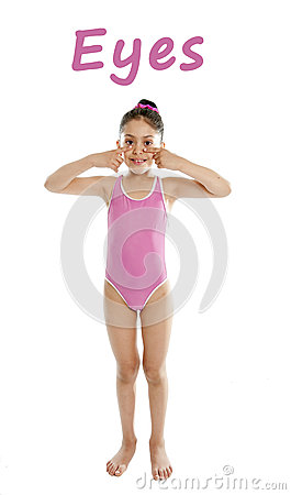 School Card Of Girl Pointing At Her Stomach Isolated On White.