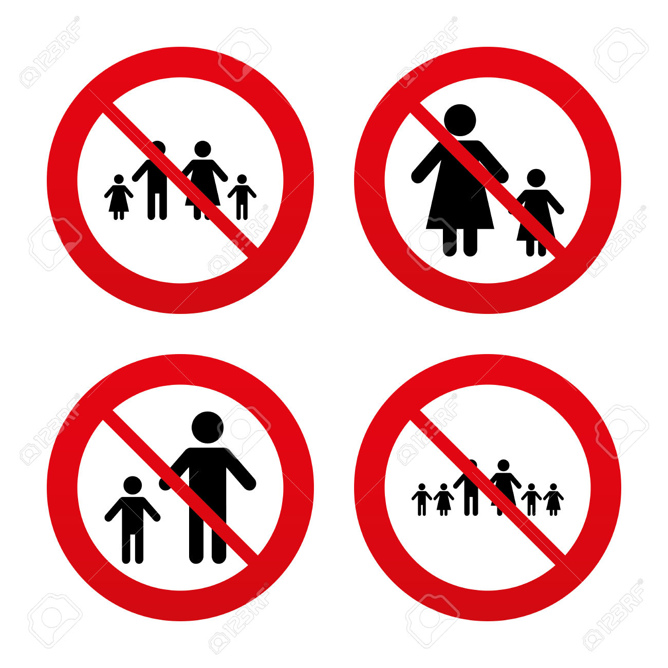 No, Ban Or Stop Signs. Large Family With Children Icon. Parents.