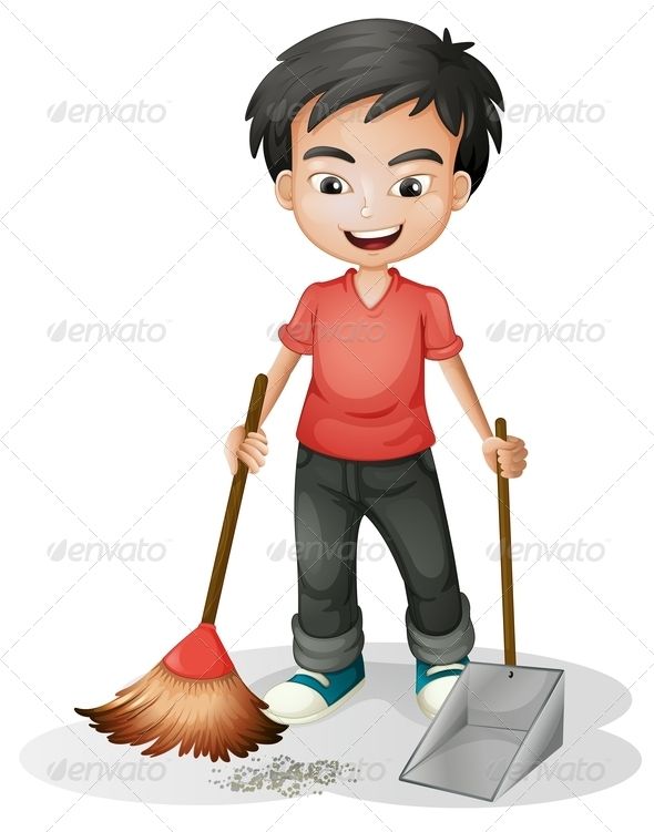Boy sweeping the dirt.