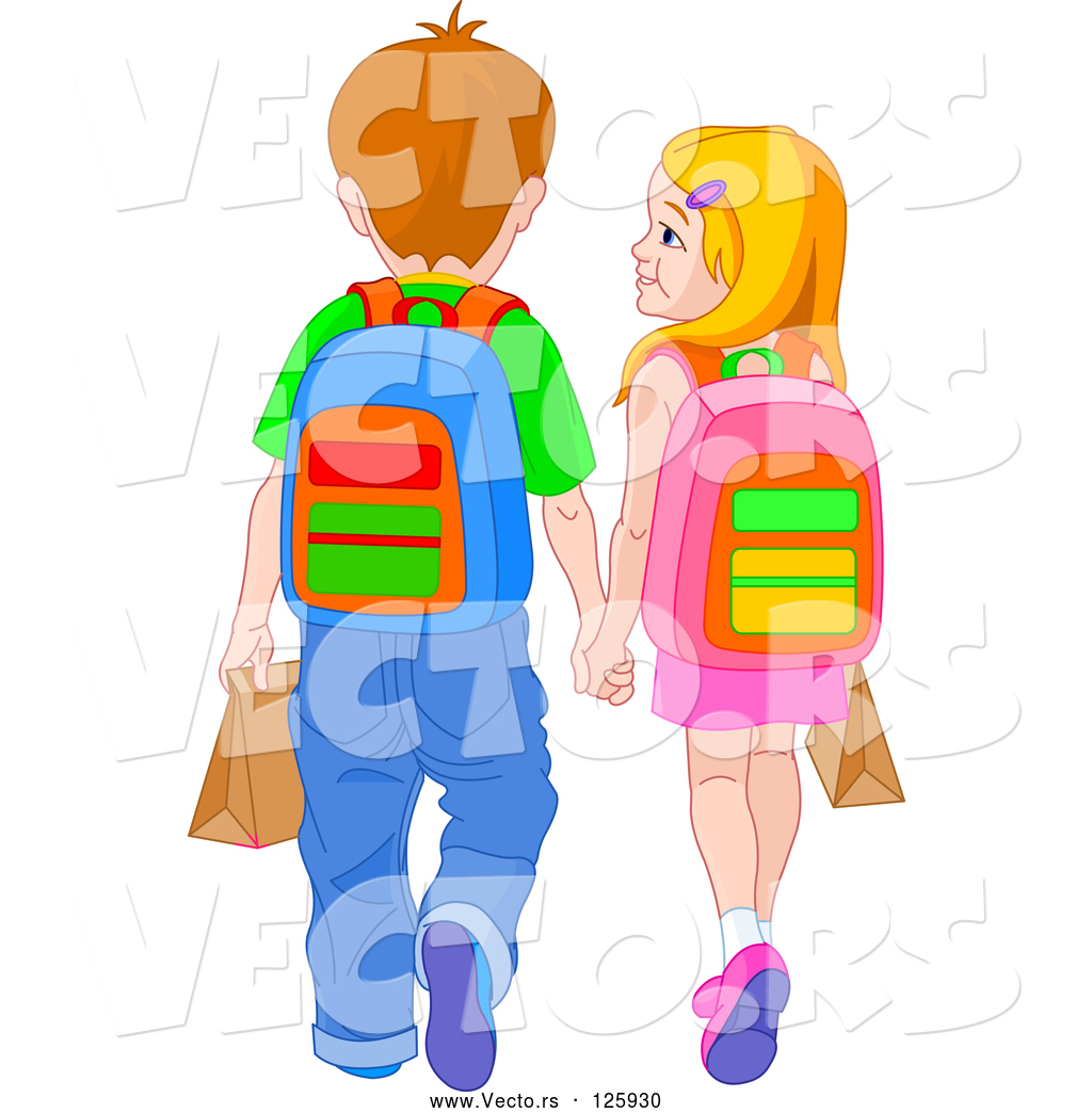 Vector of School Boy and Girl Holding Hands and Walking by Pushkin.