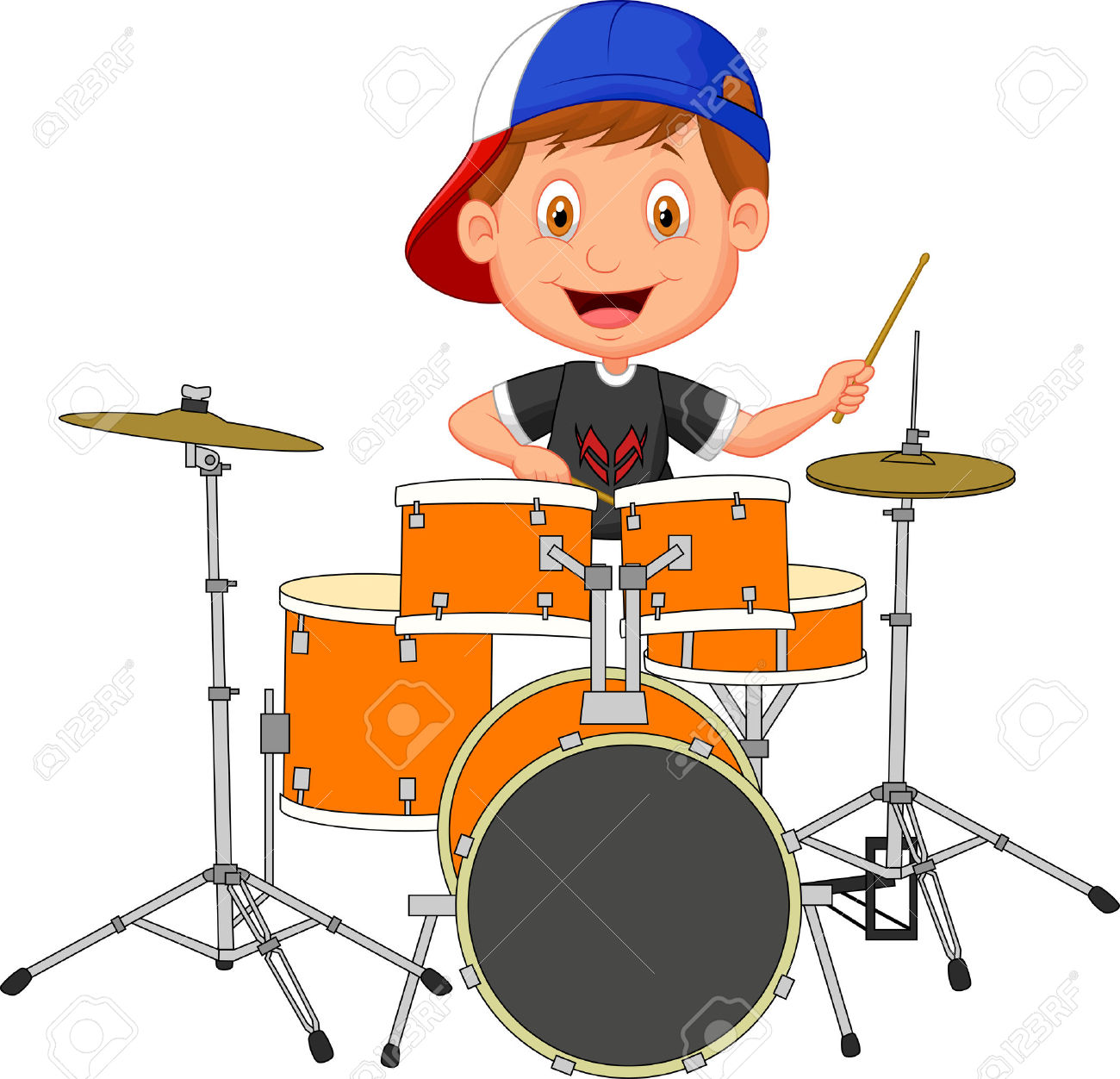 Kids playing drums clipart.