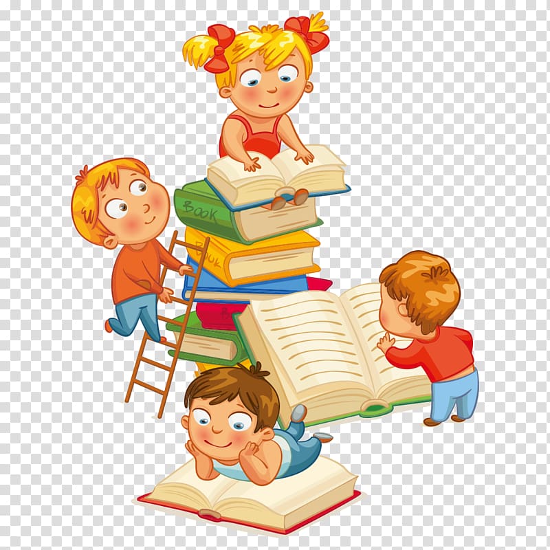 Four children reading books , Library Child Nati per Leggere.