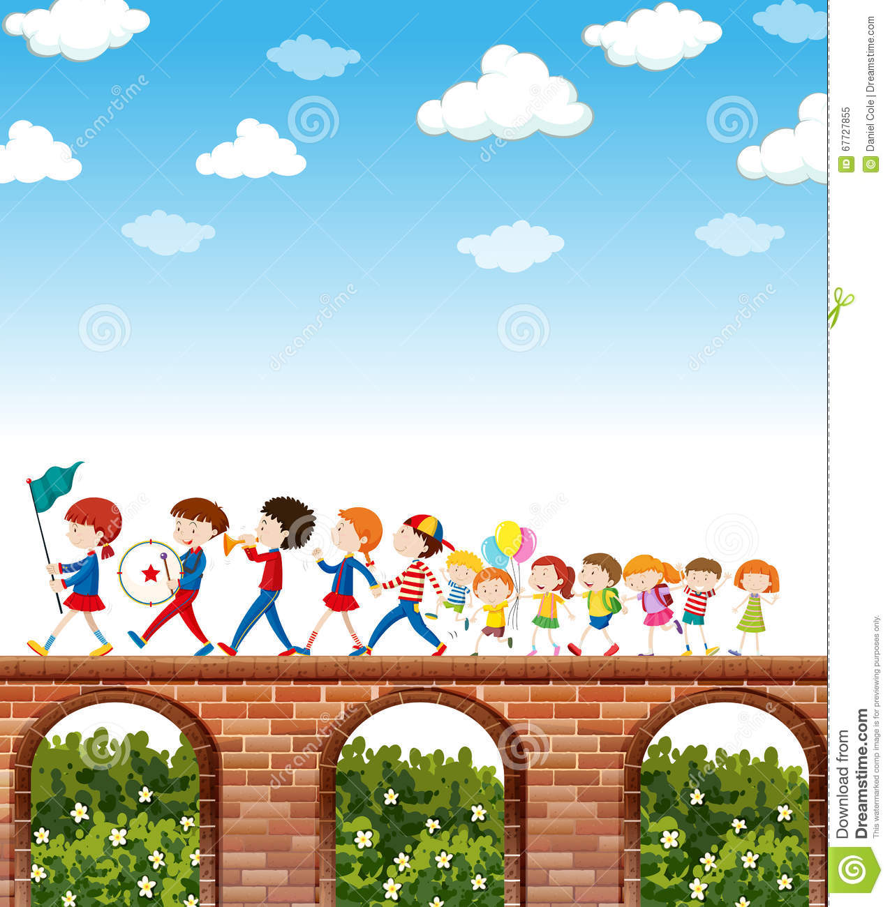 Children Marching On The Bridge Stock Vector.