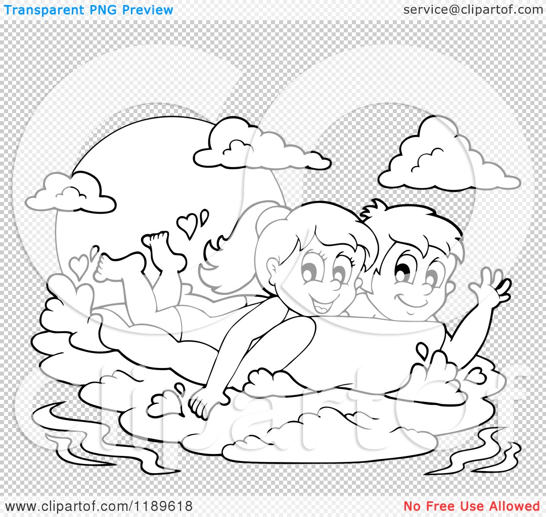 Cartoon of Outlined Happy Children Swimming on an Inflatable.