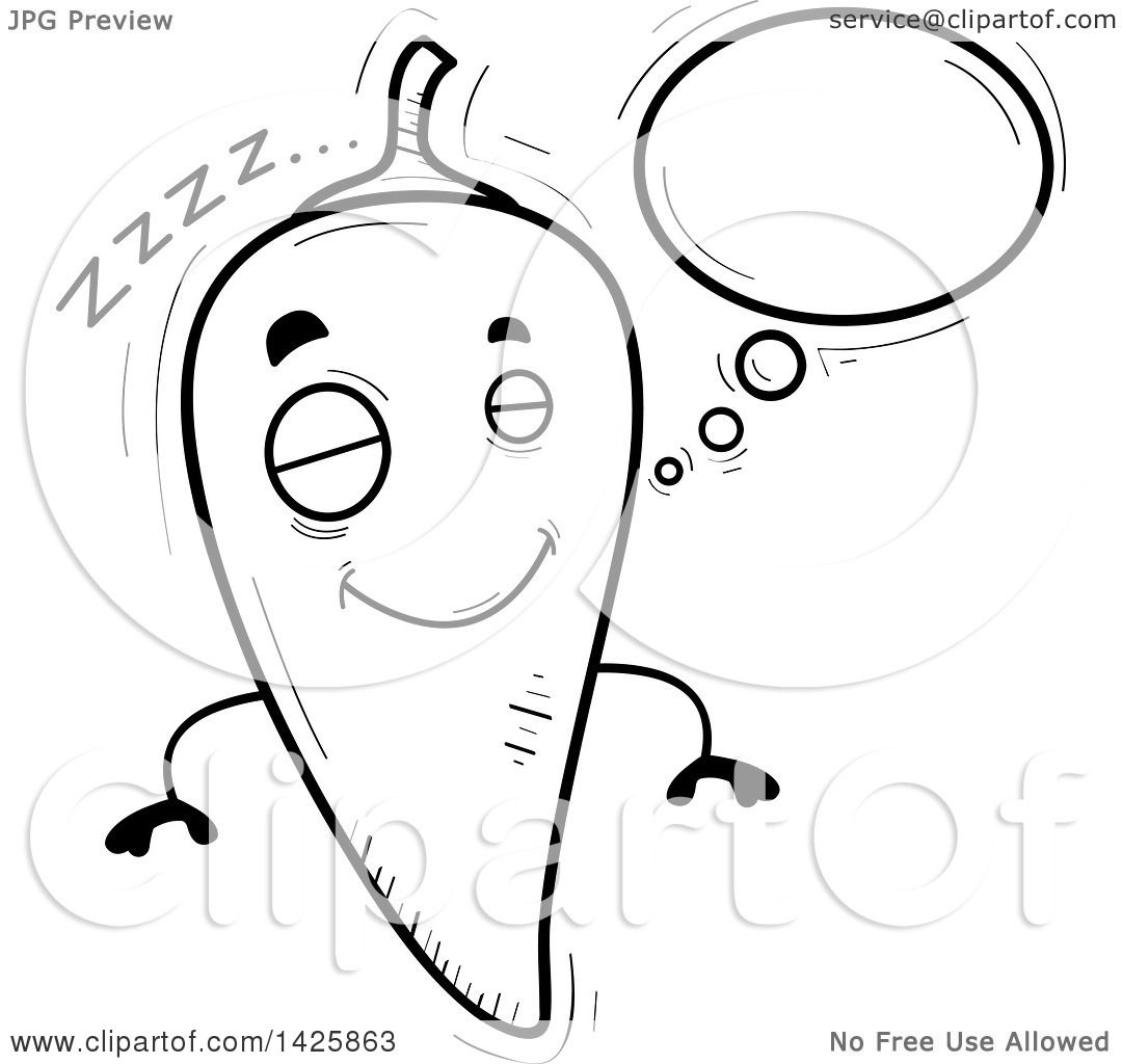 Clipart of a Cartoon Black and White Doodled Dreaming Hot Chile.