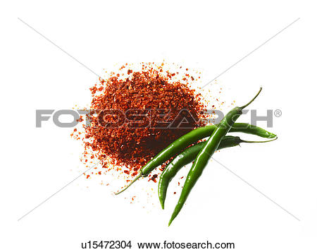 Stock Photo of Studio shot of Red Chili Powder and Whole Green.