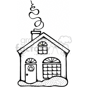Black and White Christmas House with Smoke Comming out of the Chimney  clipart. Royalty.