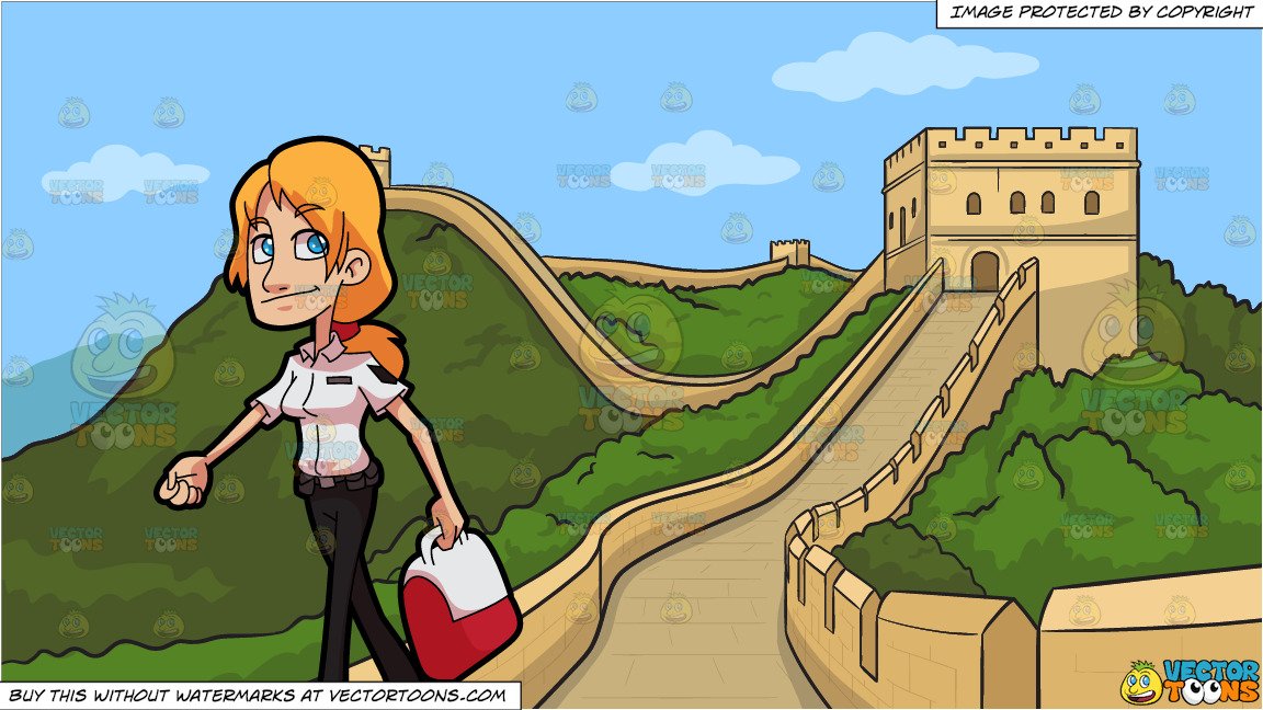 A Female Paramedic With A First Aid Kit and The Great Wall Of China  Background.