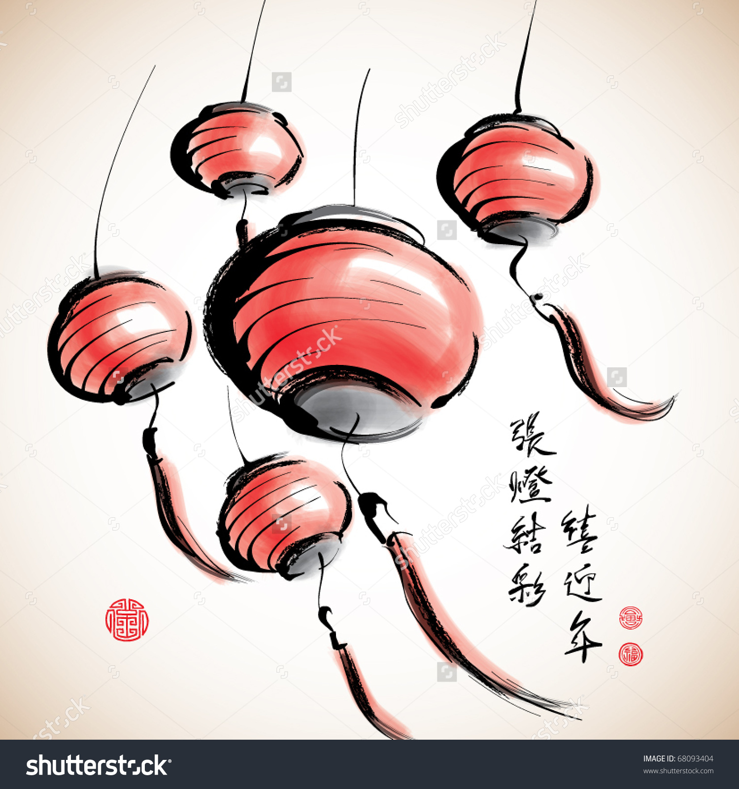 Vector Ink Painting Chinese Lantern Greeting Stock Vector 68093404.
