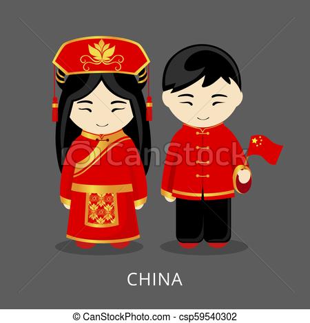 Chinese in national dress with a flag..