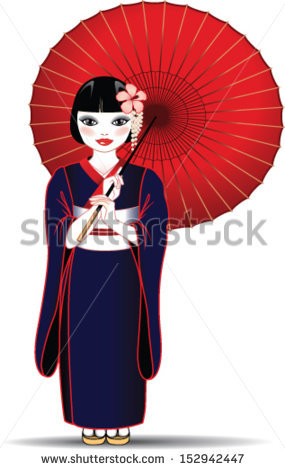 Chinese Girl Kimono Red Umbrella Stock Vector 152942447.
