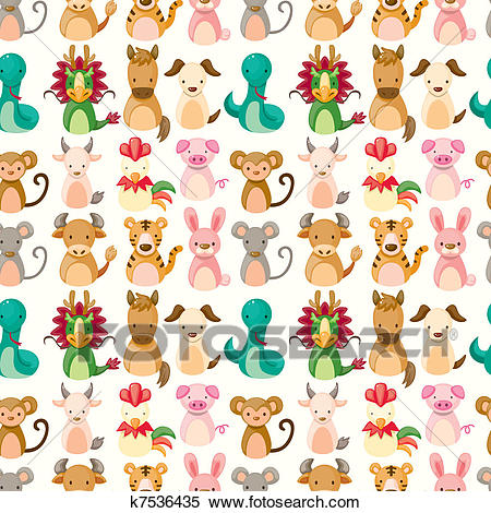 Chinese Zodiac animal seamless pattern Clipart.