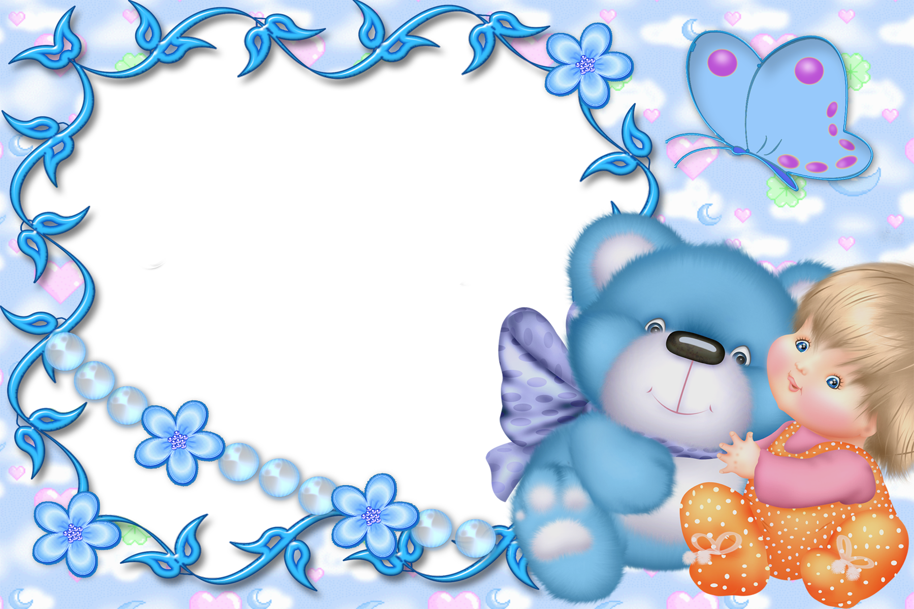 Cute Kids Blue Transparent Frame with Kid and Teddy Bear.