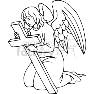 Black and white angel holding cross clipart. Royalty.