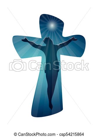 Christian cross with crucified jesus on blue background. Crucifix.  Shiloutte jesus. Crucifixion. Religious sign. Multiple exposure.