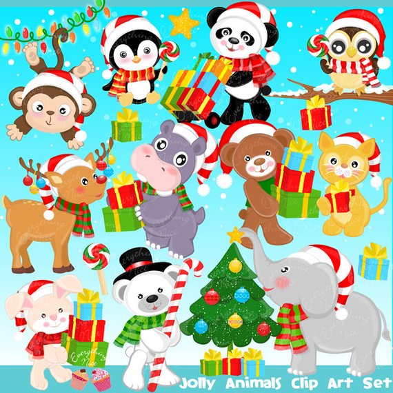 Jolly Christmas Animals Clipart Set.