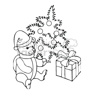 Decorated Christmas Tree with a Teddy Bear and A Gift Box clipart.  Royalty.