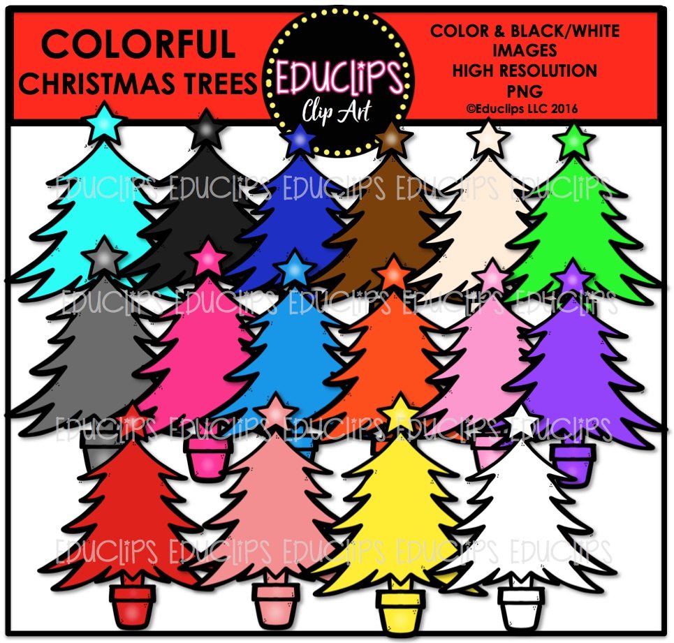 Colorful Christmas Trees Clip Art Bundle (Color and B&W).