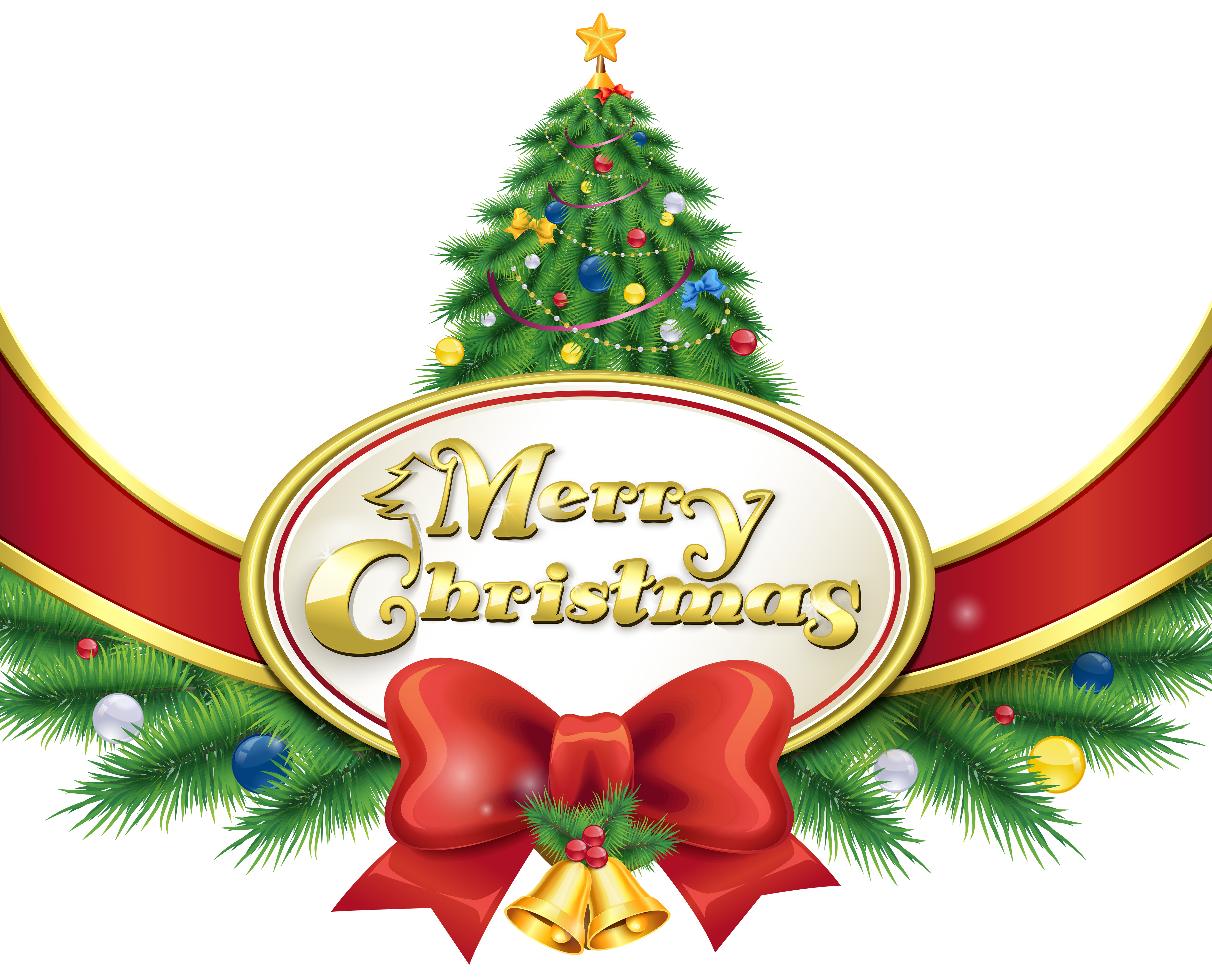Merry Christmas with Tree and Bow PNG Clipart Image.