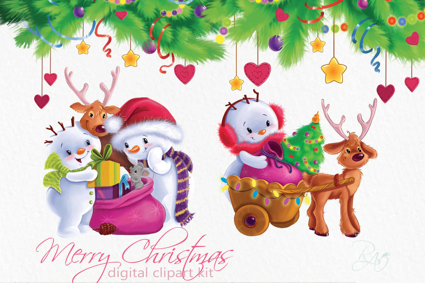 Cute Snowmans and Holiday decor Christmas clipart kit By.
