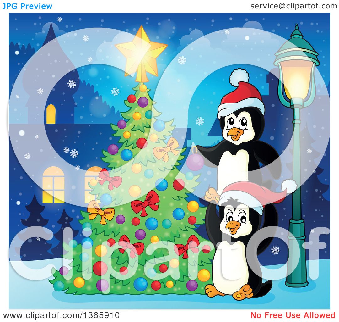 Clipart of Cute Christmas Penguins Decorating a Tree in a Village.
