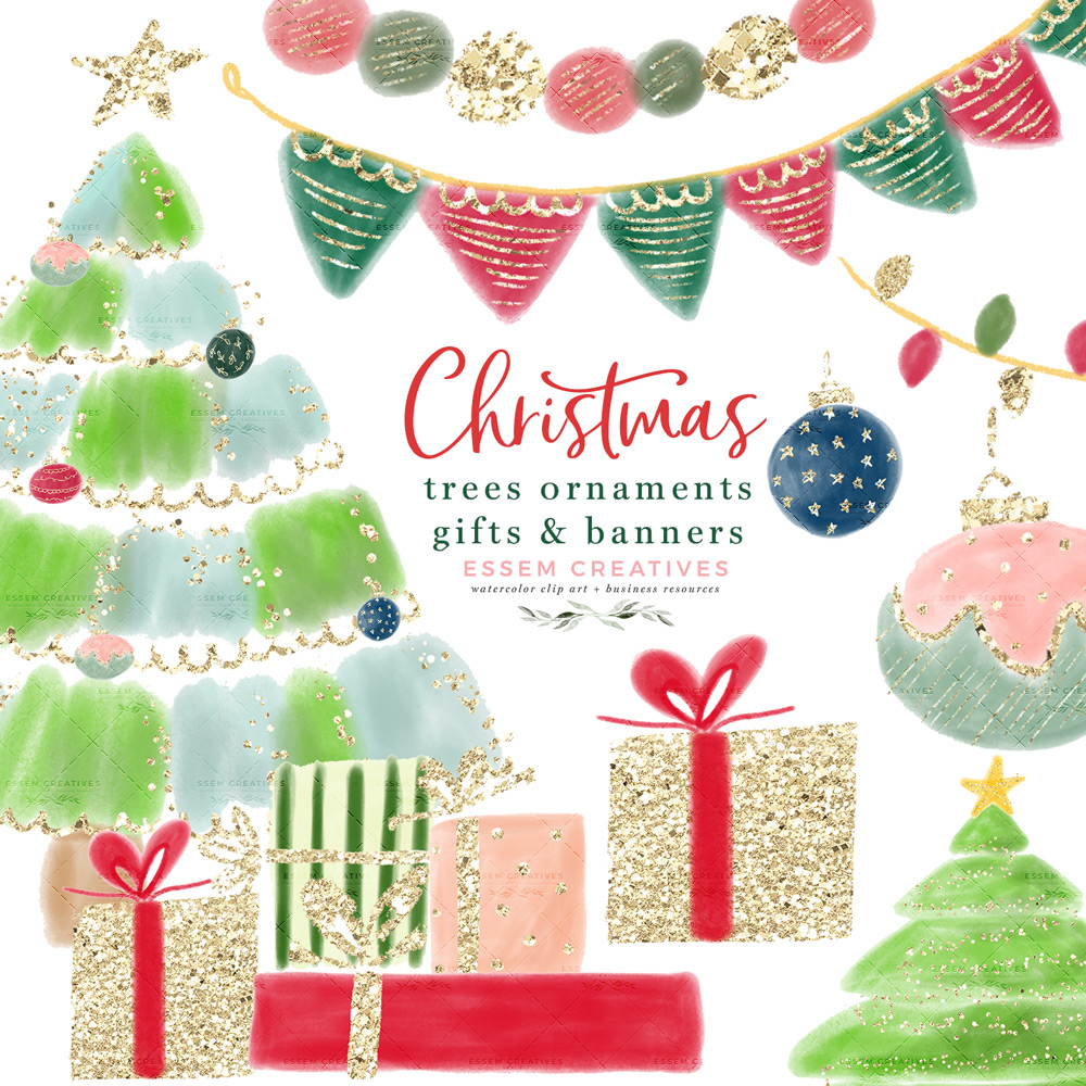 Christmas Tree Clipart, Tree Decorations Ornaments Gifts Buntings,  Sublimation Design Transfer PNG.