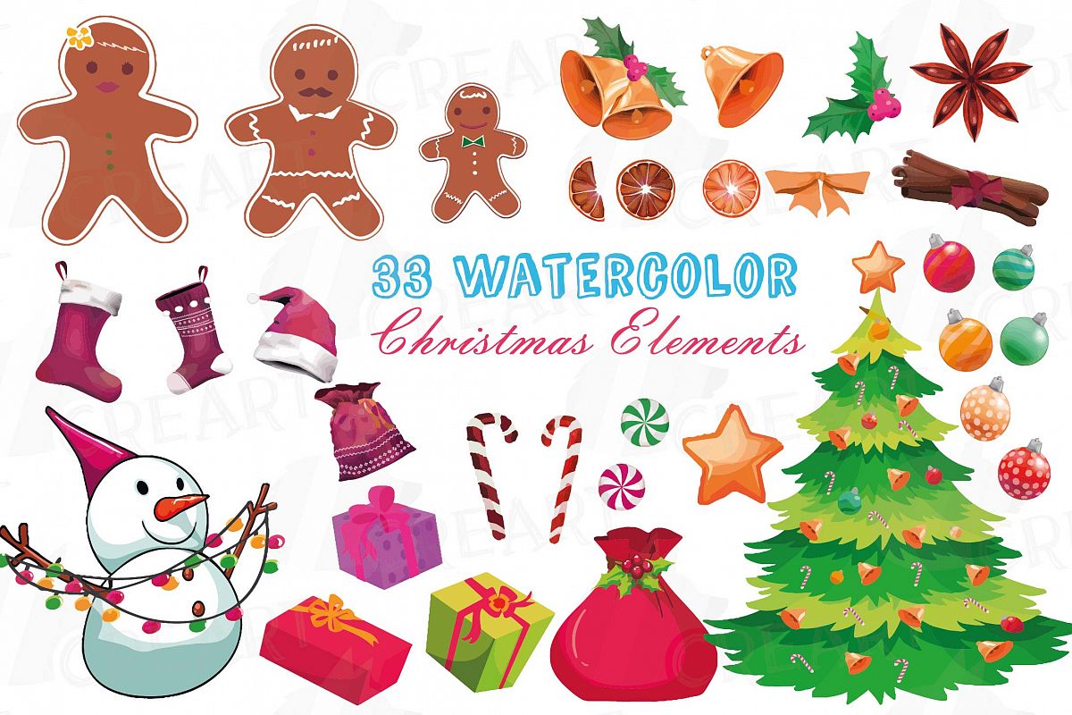 Christmas Elements watercolor clip art, Printable PNG files.