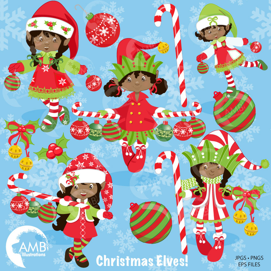 African American Christmas Elves clipart, Christmas Girl Elves Clipart,  Dark Skin Elves, , AMB.