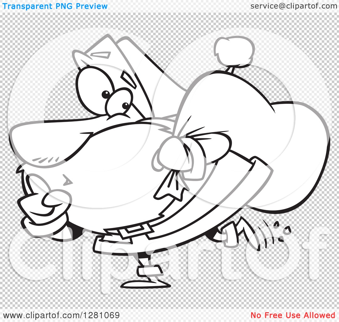 Clipart Cartoon of a Black and White Sneaky Santa Claus Gesturing.