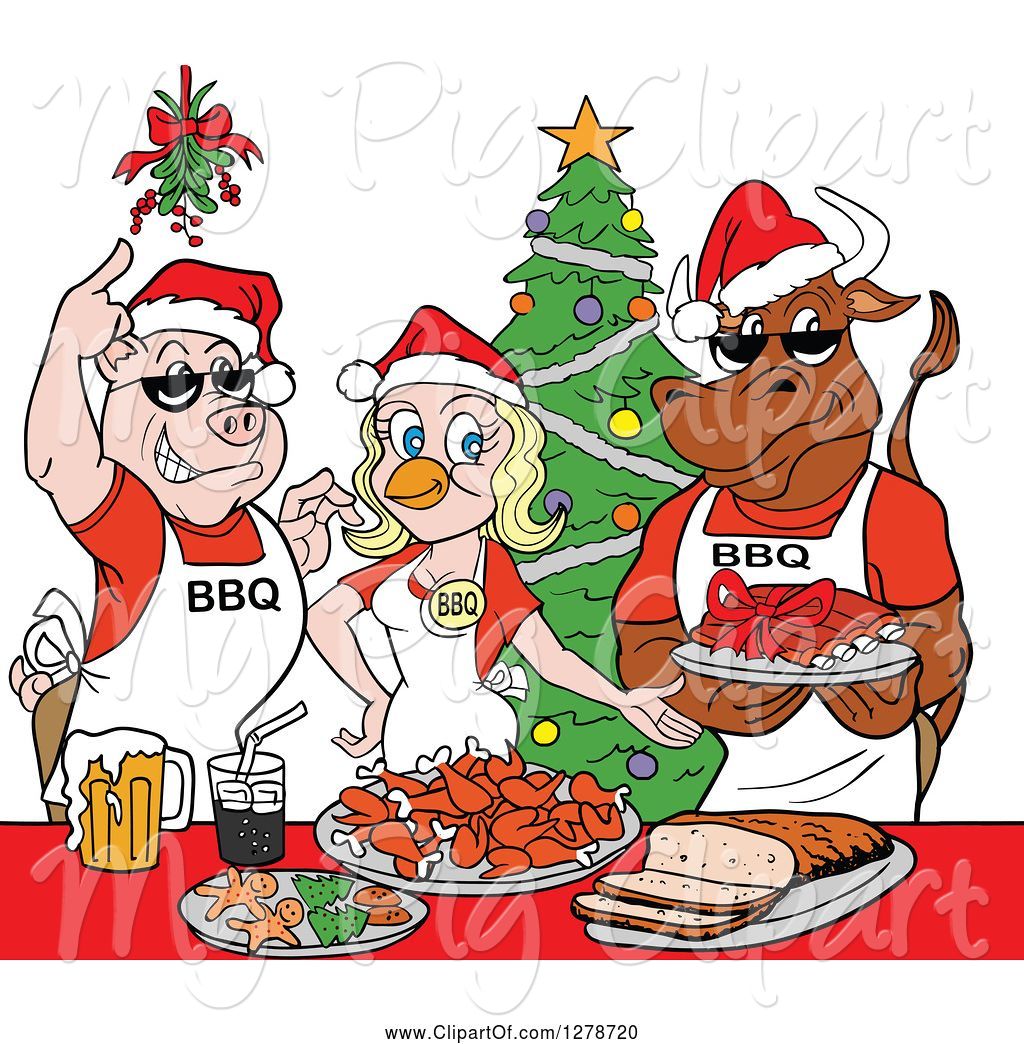 Swine Clipart of Cartoon Bbq Chef Cow Pig and Female Chicken with.