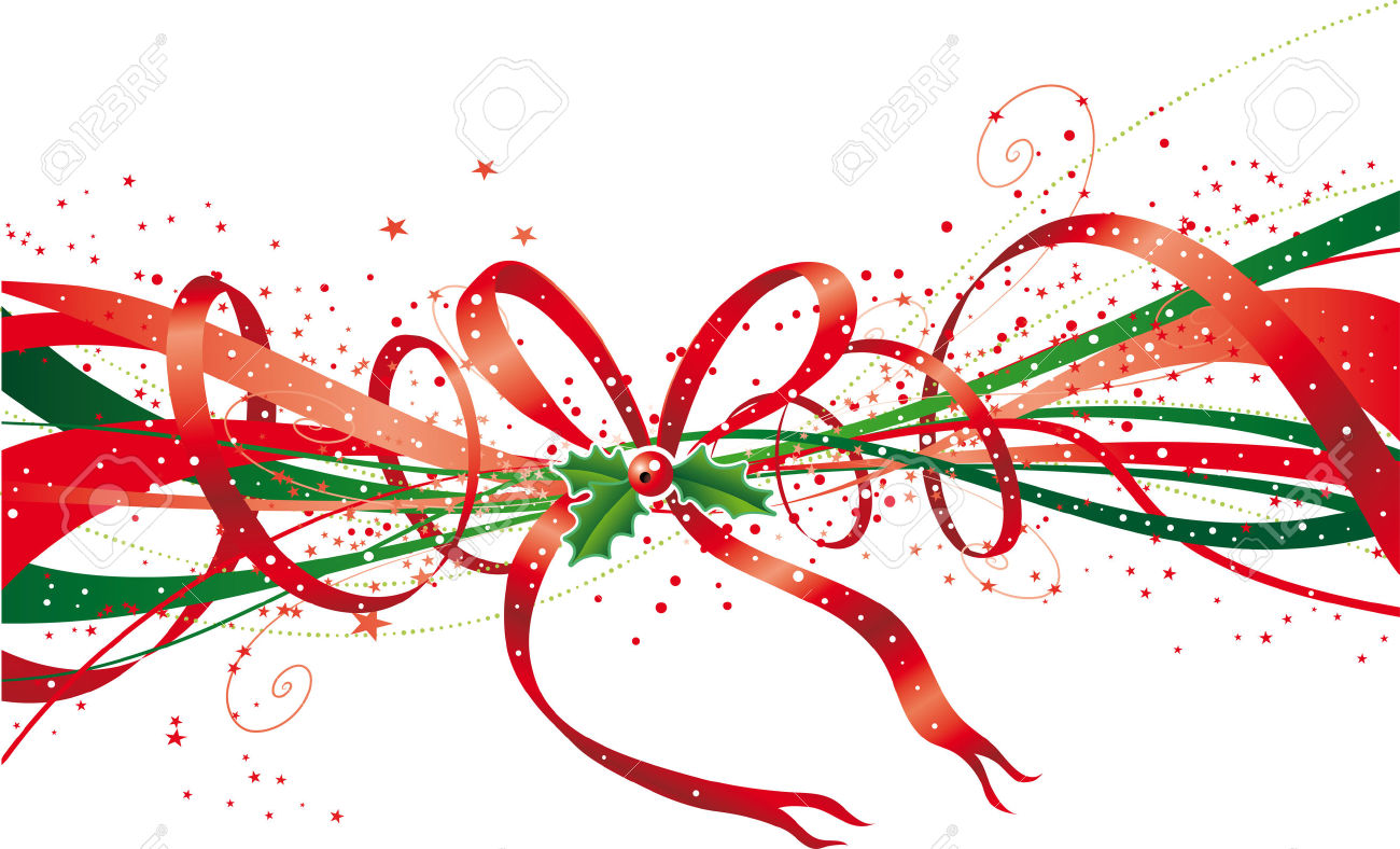 Abstract Christmas Ribbon With Stars, Bow And Holly Royalty Free.