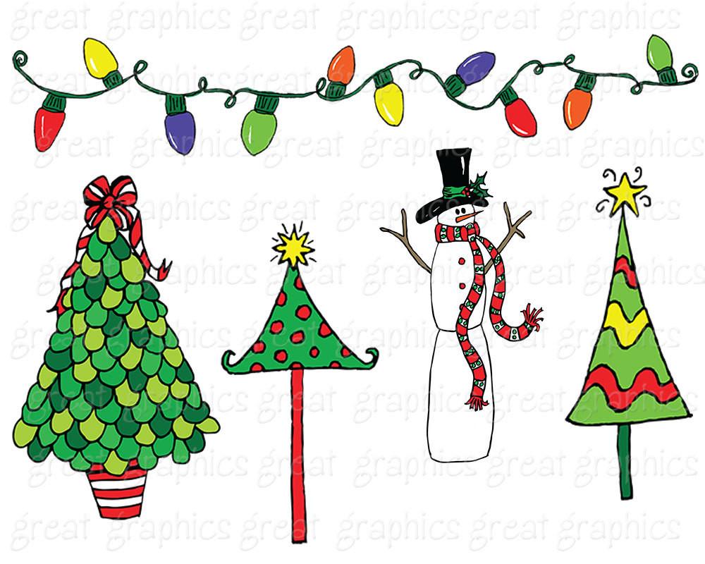 Christmas Doodle Clip Art, Christmas Tree Clip Art, Christmas Wreath Clip  art, Holiday clipart, Invitation Clip Art.