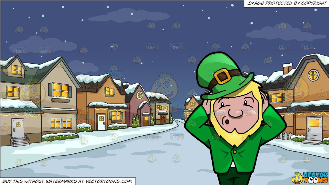 A Leprechaun Refusing To Hear Anything and Snowy Christmas Night Background.