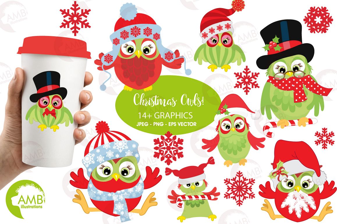 Christmas Owls clipart, graphics, illustratins AMB.