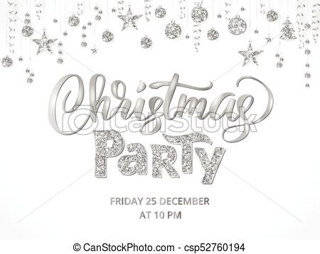 Christmas party poster template, silver on white. Isolated glitter border,  garland with hanging balls and ribbons..