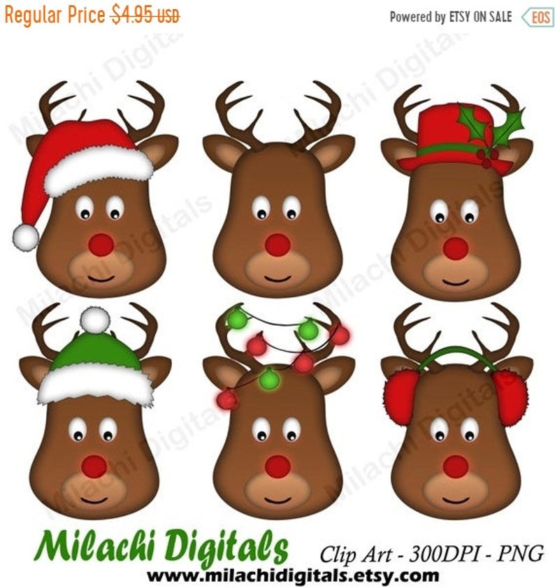 70% OFF SALE Christmas reindeer clipart, reindeer head clipart, holiday  clip art, commercial use, instant download.