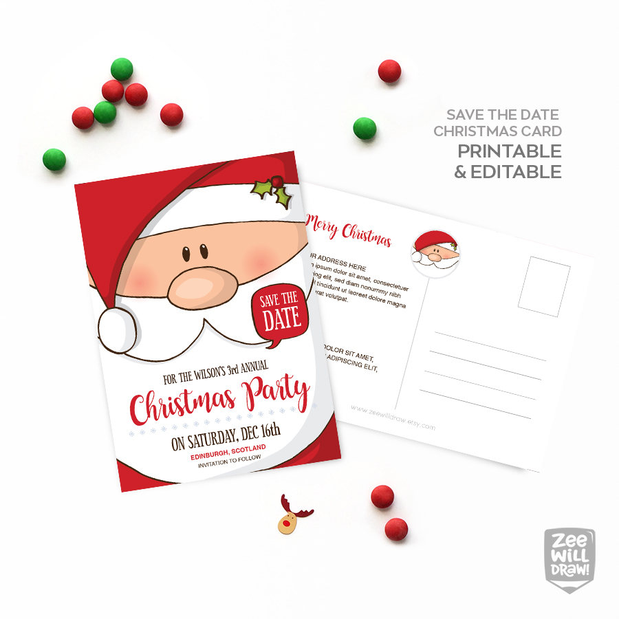 Save the date card, Save the date, Christmas Party Invitation, Birthday  party, Santa, Santa Claus, printable card, instant download.