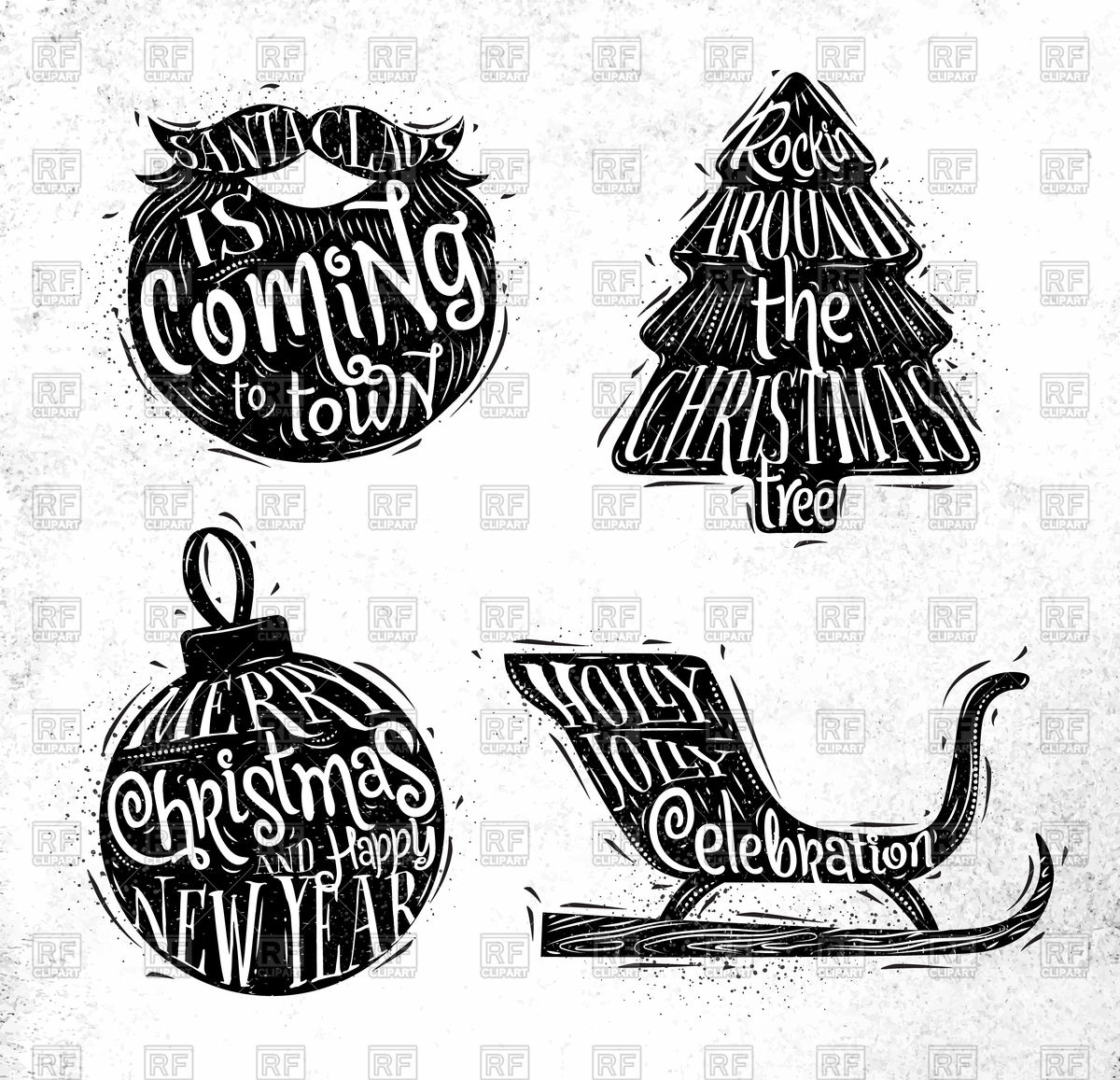 Christmas silhouettes set: Santa's beard, Christmas tree, Christmas ball,  Santa's sleigh with greeting lettering Stock Vector Image.